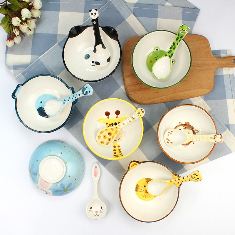 Love graces, lovely healthy children bowl of Korean cartoon drawing under the glaze color small animals 5 inch ceramic bowl spoon set