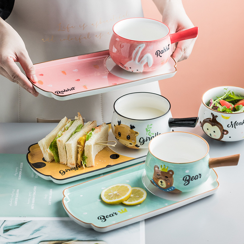 Love Beauty Cartoon Animal Pattern Breakfast Cutlery Sets Hand Painted Glazed Lower Color Ceramic Milk Pan Nursery 520ml
