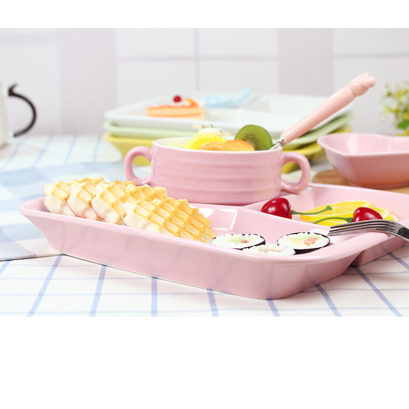 Creative frame plate Korean ceramic insulation household sweet breakfast tray was health pure color plate of fruit fork spoon set