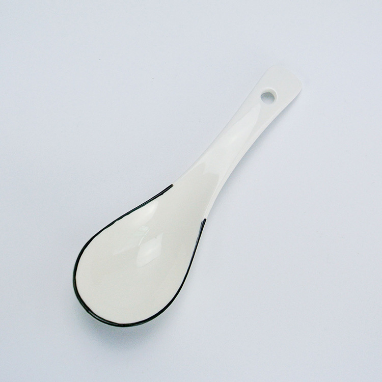 Simple pure color white household ceramic spoon restaurant Japanese Korean ceramic tableware, black side small ladle