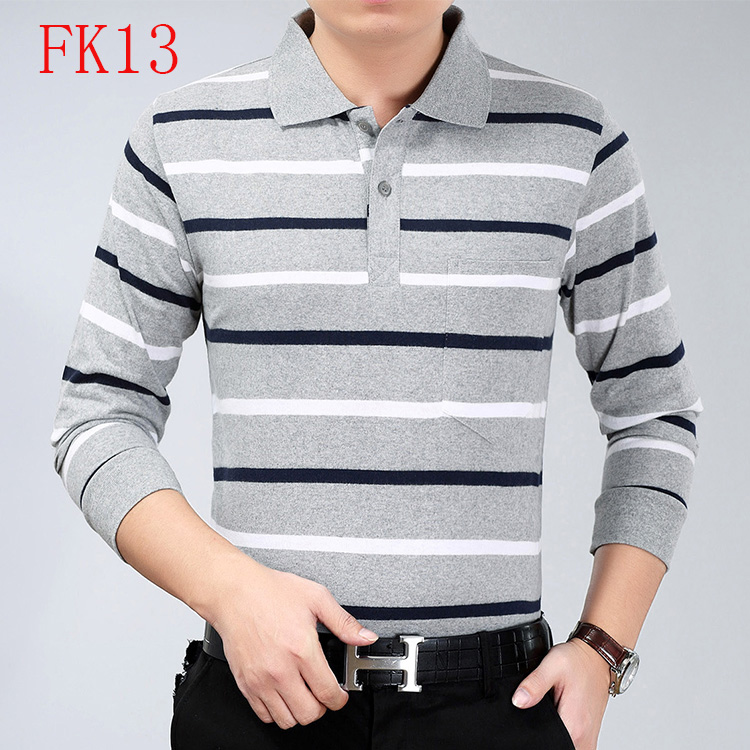 Áo thun dài tay nam cotton trung niên nam sọc nam Áo rộng kích thước lớn Ve áo bố lửng vải thun cotton