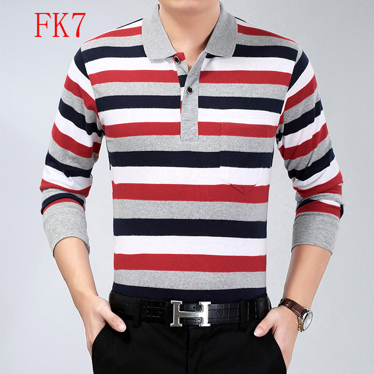 2018 người đàn ông mới của dài tay T-Shirt cotton lỏng trung niên cha nạp sọc ve áo bất pocket POLO áo sơ mi