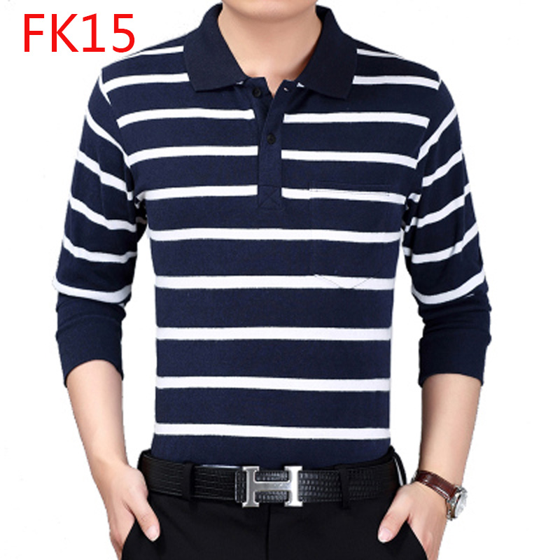 2018 người đàn ông mới của dài tay T-Shirt cotton lỏng trung niên cha nạp sọc ve áo bất pocket POLO áo sơ mi