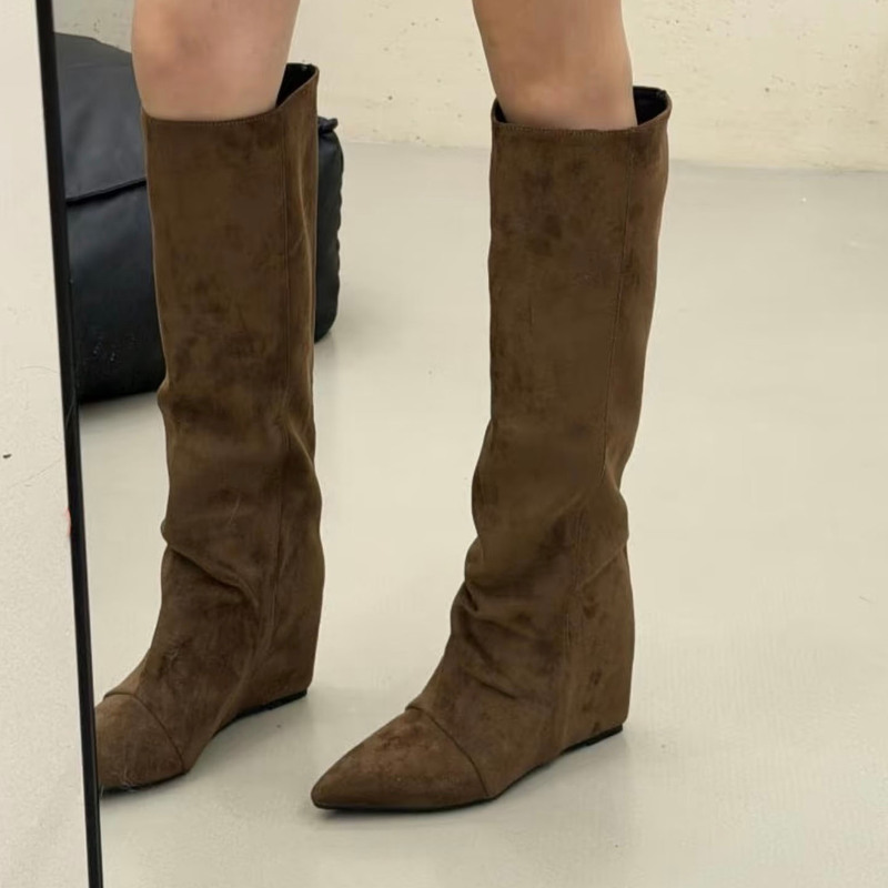 Super Height-Increasing! Hot Girl Pointed-Toe High-Heeled Stacked Long Boots for Women, Autumn and Winter, Large Calf Circumference, Slimming Straight Wedge-Heeled Riding Boots