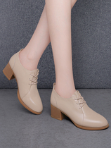 Small leather shoes ladies spring 2022 new womens shoes spring and autumn British style thick heel medium heel brown high heel casual leather shoes
