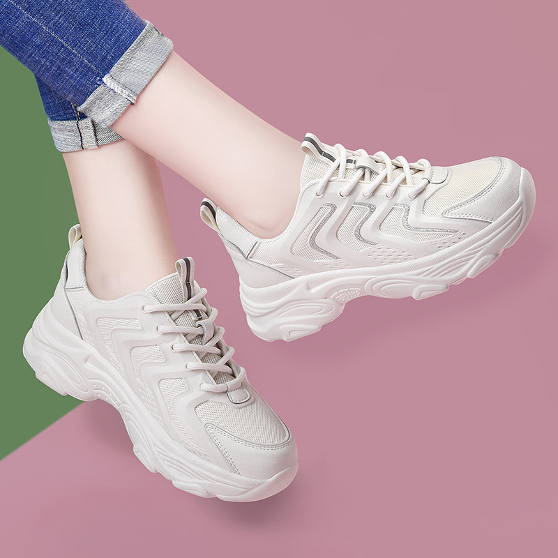 Thick sole sneakers increase in 2022 new spring and autumn casual mom shoes leather mesh breathable daddy shoes