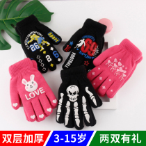 Childrens gloves winter baby warm boy double-layer girl cute plus velvet middle and large childrens finger student thickening knitting