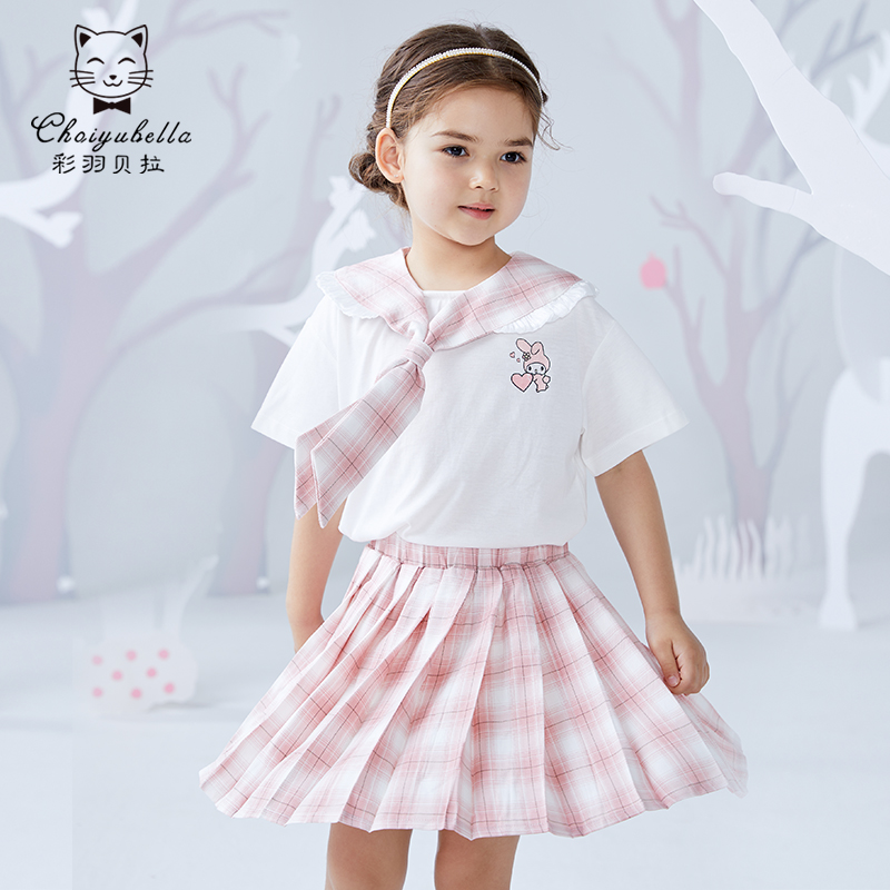 Colour Feather Bella Girl JK Suit Short Dress 2022 Summer New Internet Red Trendy Girl Baby Two Sets