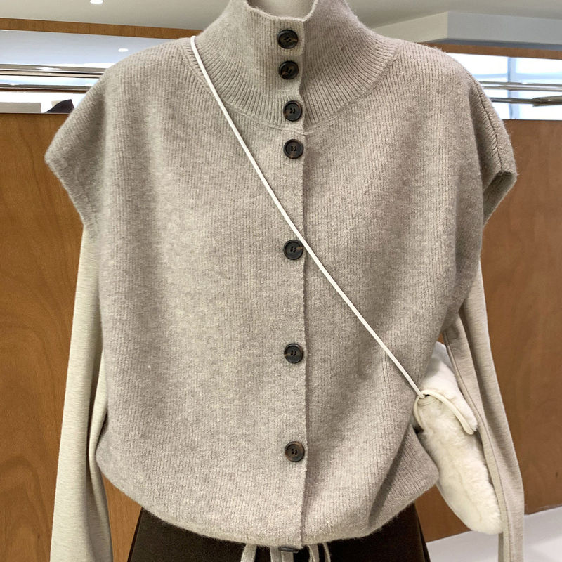 Korean Style Stand-Up Collar Buttoned Drawstring Knitted Cardigan Vest for Women, Autumn and Winter Layered Sweater Vest, Warm Top Korean Style Stand-Up Collar Buttoned Drawstring Knitted Cardigan Vest for Women, Autumn and Winter Layered Sweater Vest, Warm Top