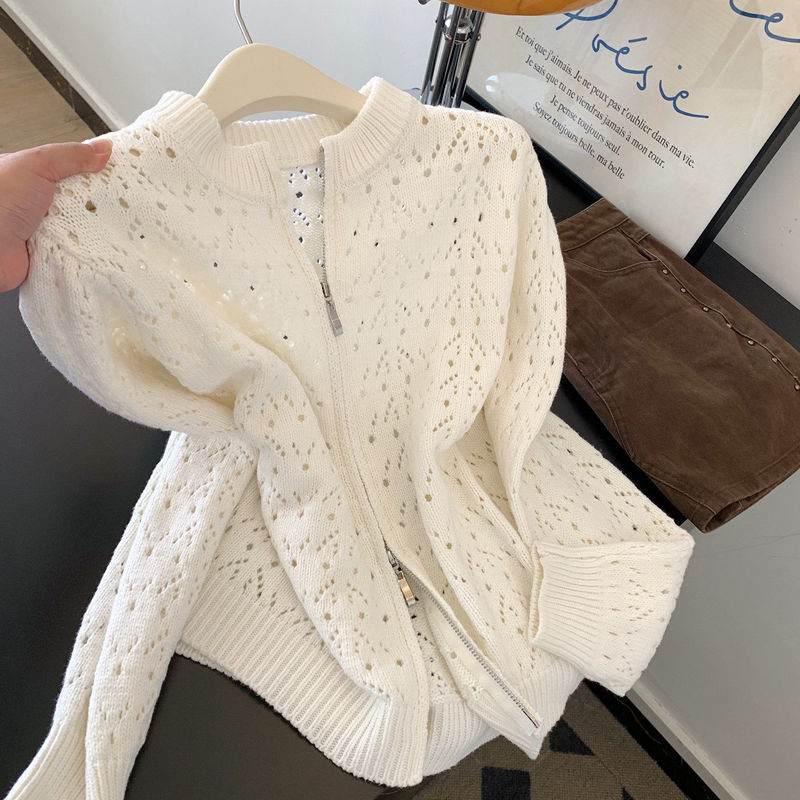 High-End White Hollow-Out Round-Neck Zipper Knit Cardigan for Women, New Spring and Autumn Design, Early Autumn Top