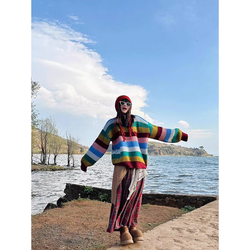 Autumn and Winter Xinjiang Yunnan Grassland Sichuan Western Gansu Dunhuang Travel Outfit Colorful Knitted Sweater and Skirt Two-Piece Set Autumn and Winter Xinjiang Yunnan Grassland Sichuan Western Gansu Dunhuang Travel Outfit Colorful Knitted Sweater and Skirt Two-Piece Set