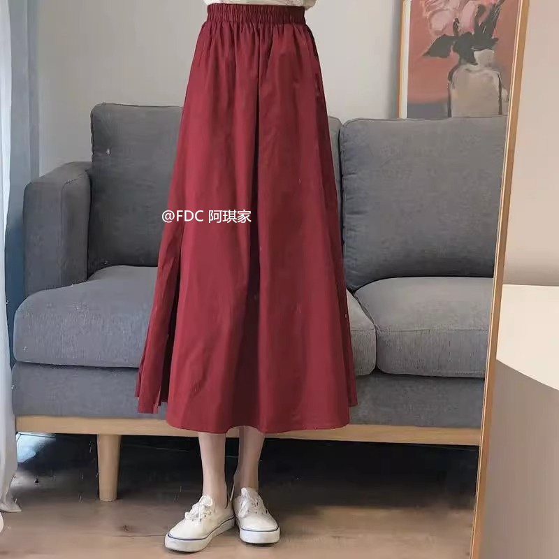 Red Midi Skirt for Petite Figures, Mid-Length, Spring and Autumn 2026 New Style, High-Waisted, Slimming A-Line Umbrella Skirt, Long Skirt, Trendy
