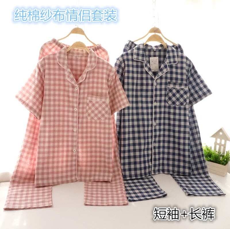 Pure cotton lovers plaid pyjamas female summer thin cotton cotton cloth short sleeve long pants male and female plaid home suit suit