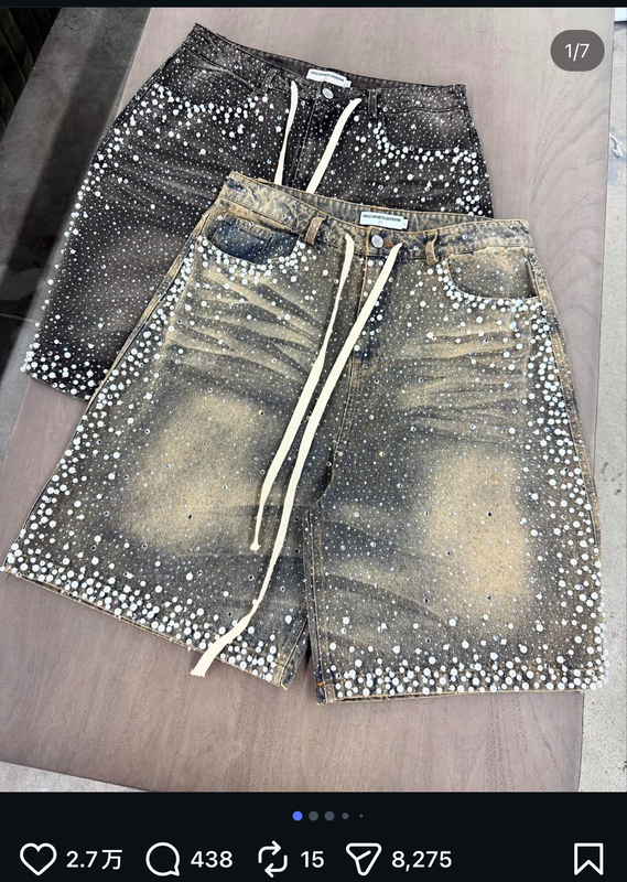 Rhinestone-Embellished, Beaded Denim Loose-Fitting Five-Point Shorts, American Street Style, Vale Forever Skittle Denim Shorts