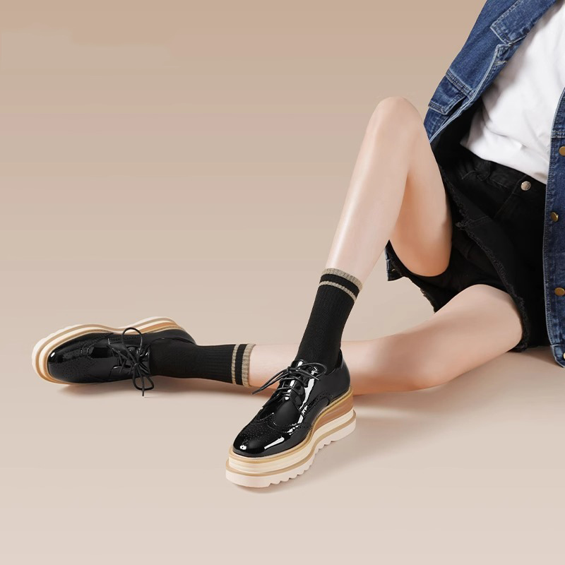 Italian Maxqueen British Style Small Leather Shoes New Brogue Patent Leather Thick-Soled Lace-Up Versatile Platform Shoes for Women