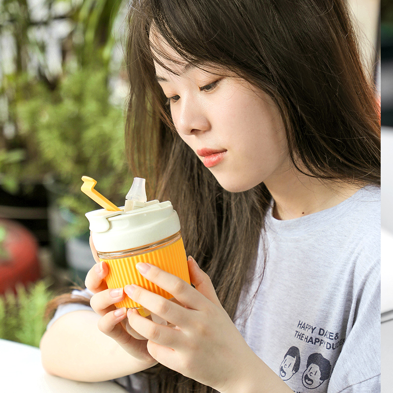 Rich Light Glass Cup Female with straw cup Jane about portable coffee cup Milk Tea Cup Large Capacity Hand Cups Mesh Red Water Cup