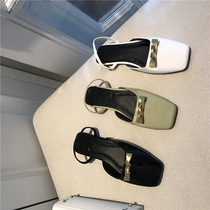 Single shoes womens 2020 Summer new square head metal bow flat fairy shoes hollow word with bag head sandals