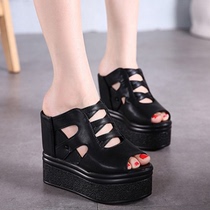Wedge-heeled thick-soled womens cool slippers summer new high-heeled wedge-heeled muffin thick-soled non-slip sandals increased fish mouth shoes