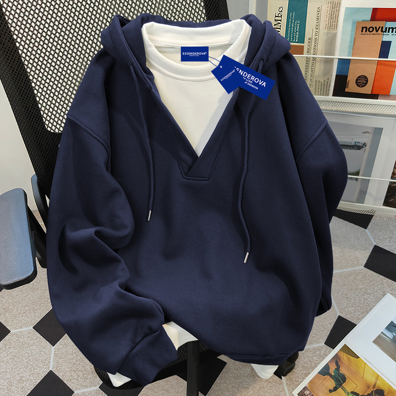 Korean-Style Simple Navy Blue Hooded Fake Two-Piece Sweatshirt for Men and Women 2025 New Autumn and Winter Couple Solid Color Loose Hoodie