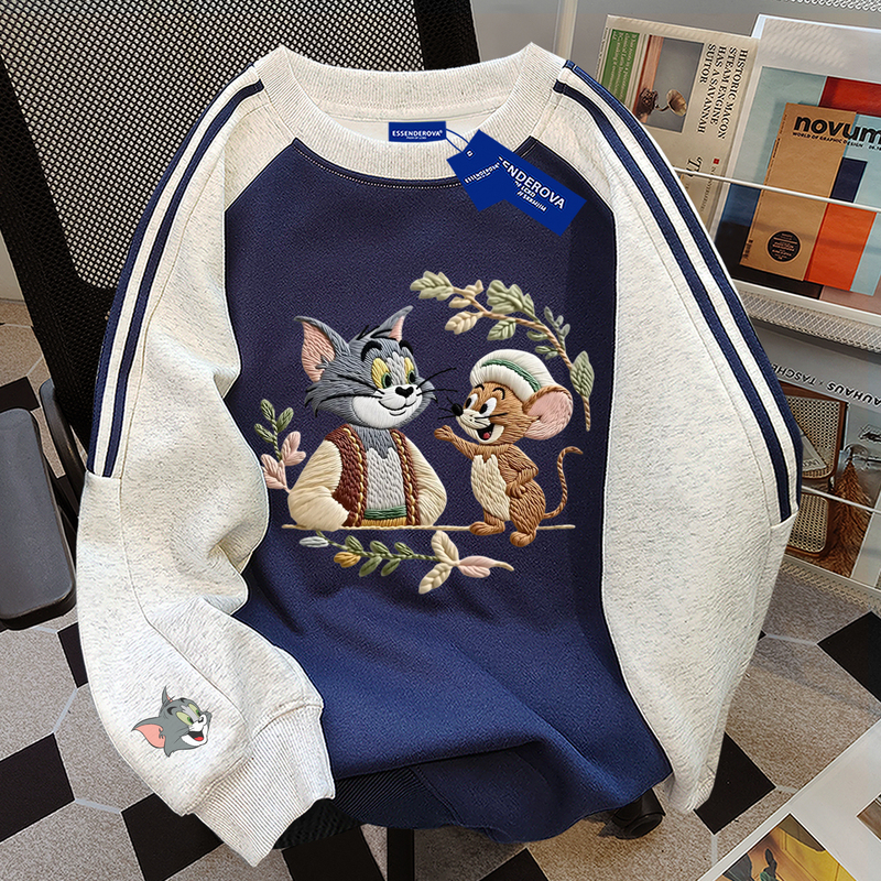 Autumn and Winter American-Style Cartoon Fun Animal Print Crew Neck Sweatshirt for Women, Three-Stripe Couple Style Patchwork Long-Sleeve Top for Men
