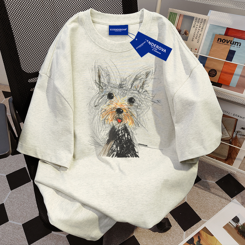 American Retro Style Pure Cotton Base Shirt Short-Sleeve T-Shirt for Women 2025 Summer New Style with Puppy Print Slimming Top