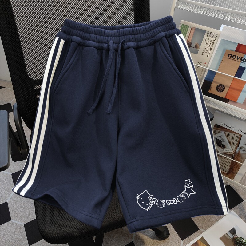 Summer Cute Cat Three-Stripe Patchwork Shorts for Women 2025 American Casual Campus Style Sports Five-Point Pants for Men