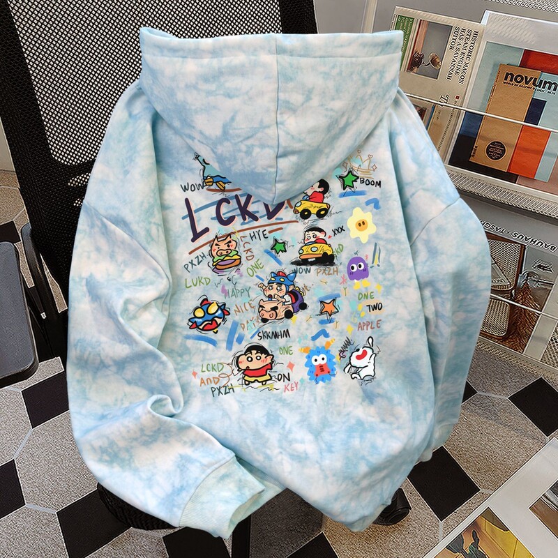 Korean-Style American Cute Crayon Shin-Chan Hooded Sweatshirt for Women, Autumn and Winter Vibe, Unique and Fun Tie-Dye Blue Top