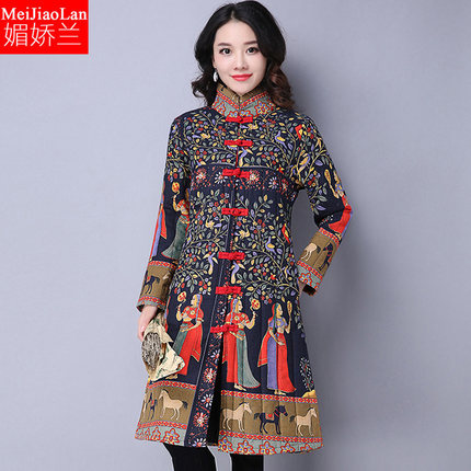 胖MM大码女装盘扣复古中长印花中年风衣外套