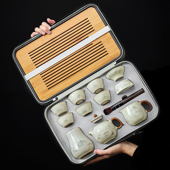 Ru Kiln Travel Tea Set with Tea Tray, Portable Outdoor Camping Ceramic Teapot for Making Tea on the Go