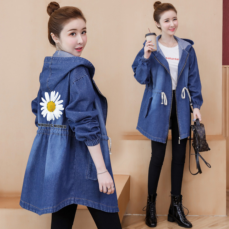 Pregnant denim jacket spring and autumn outside wear large size long loose hooded windbreaker maternity spring coat cardigan