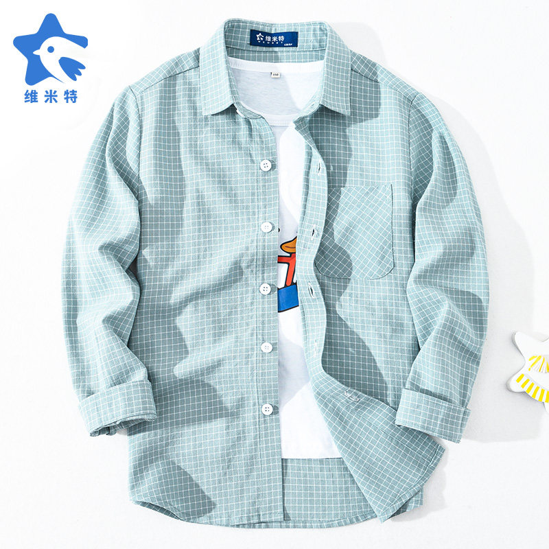 Children's suits new casual cotton long-sleeved shirts medium and large boys fine grid shirts girls spring tops spring and autumn