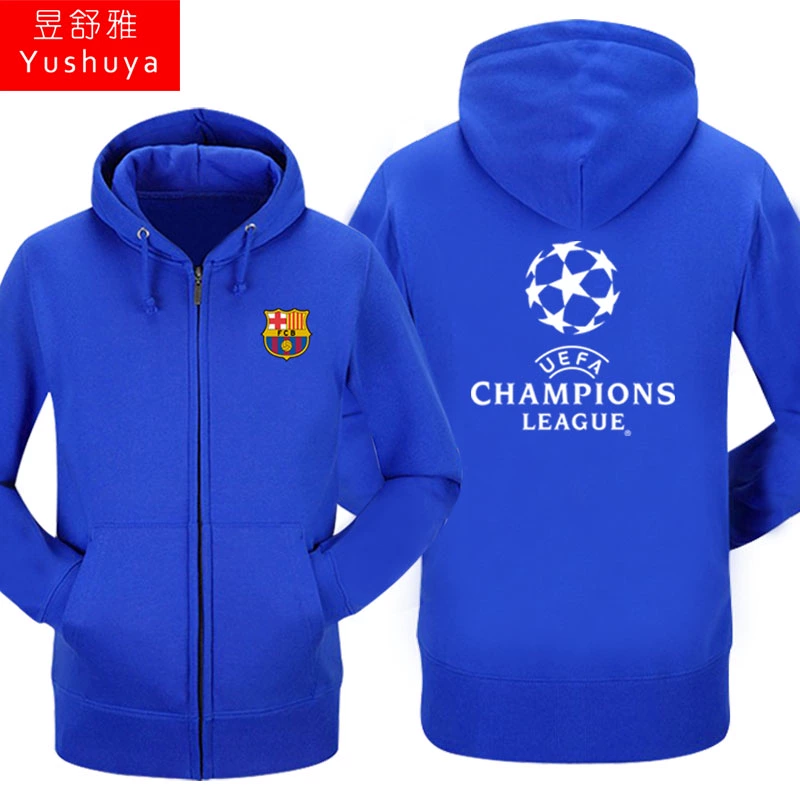 Áo khoác bóng đá Champions League cộng với nhung nam và nữ trùm đầu áo len cardigan áo len Real Madrid Juventus AC Milan Atletico áo hoodie đen