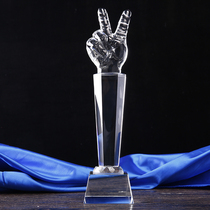 Crystal trophy custom karaoke singing contest lettering victory V scissors hand trophy China good voice gesture