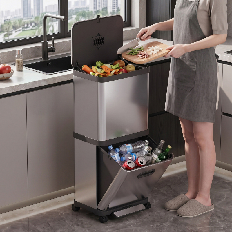High-Model Kitchen Trash Can, Movable, No Need to Bend Over, Household Double-Layer 2026 New Model, Large Capacity Stainless Steel Kitchen Waste Bin High-Model Kitchen Trash Can, Movable, No Need to Bend Over, Household Double-Layer 2026 New Model, Large Capacity Stainless Steel Kitchen Waste Bin