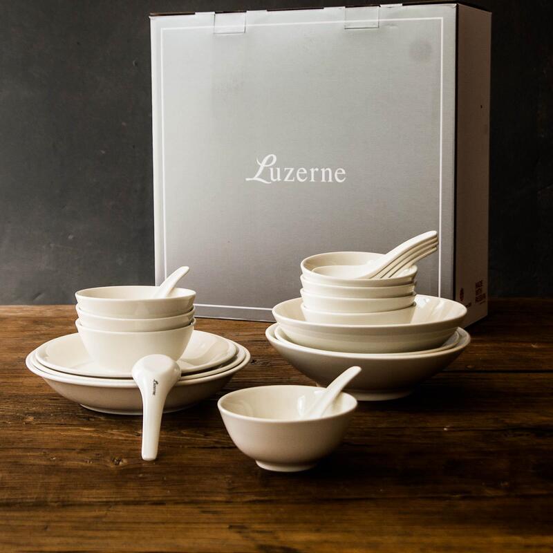 Luzerne Lu Sheng Lemon White Glaze 16/22-Piece Set of Rice Bowls, Soup Bowls, Flat Plates for Home Use, Gift-Giving, Elegant and Classic