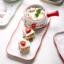 Nordic Net red breakfast with handle Bowl plate combination dish set household ceramic ins cute girl heart tableware