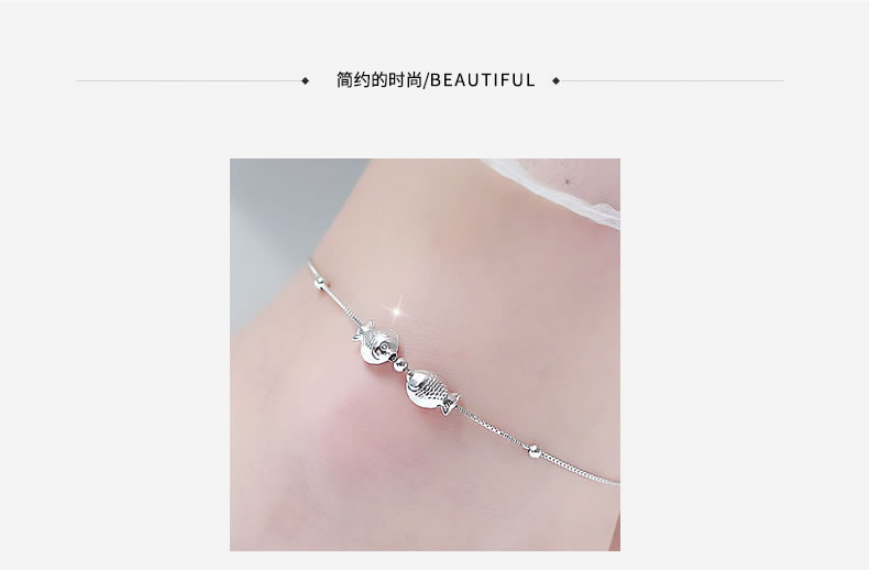 Phiên bản Nhật Bản và Hàn Quốc S925 bạc vòng chân Song Ngư nữ dễ thương hôn cá chuỗi chân đơn giản tươi mát trang sức bạc mùa hè lắc chân đẹp độc