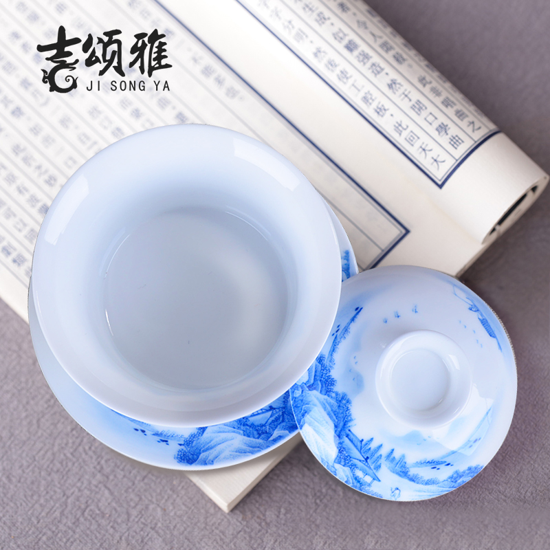 Three blue and white porcelain is jingdezhen blue and white landscape tureen heavy industry to use tea tureen large kung fu tea set by hand