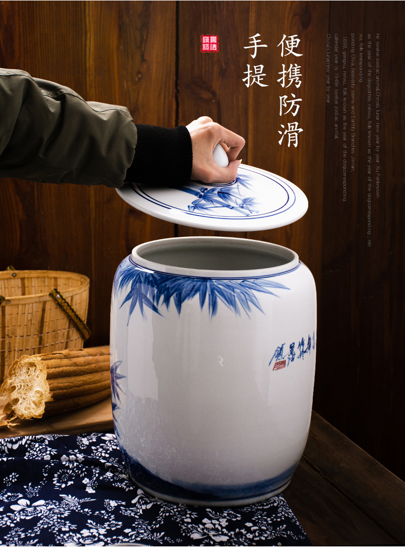 Jingdezhen hand - made ceramic barrel with cover old 25 kg blue and white flour bucket moistureproof insect - resistant kitchen ricer box