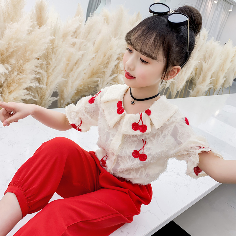 Girl Foreign Pie Suit Nets Red Summer Dress 2022 New Korean Version Children Trendy Short Sleeve Fashion Mosquito Pants Two Sets