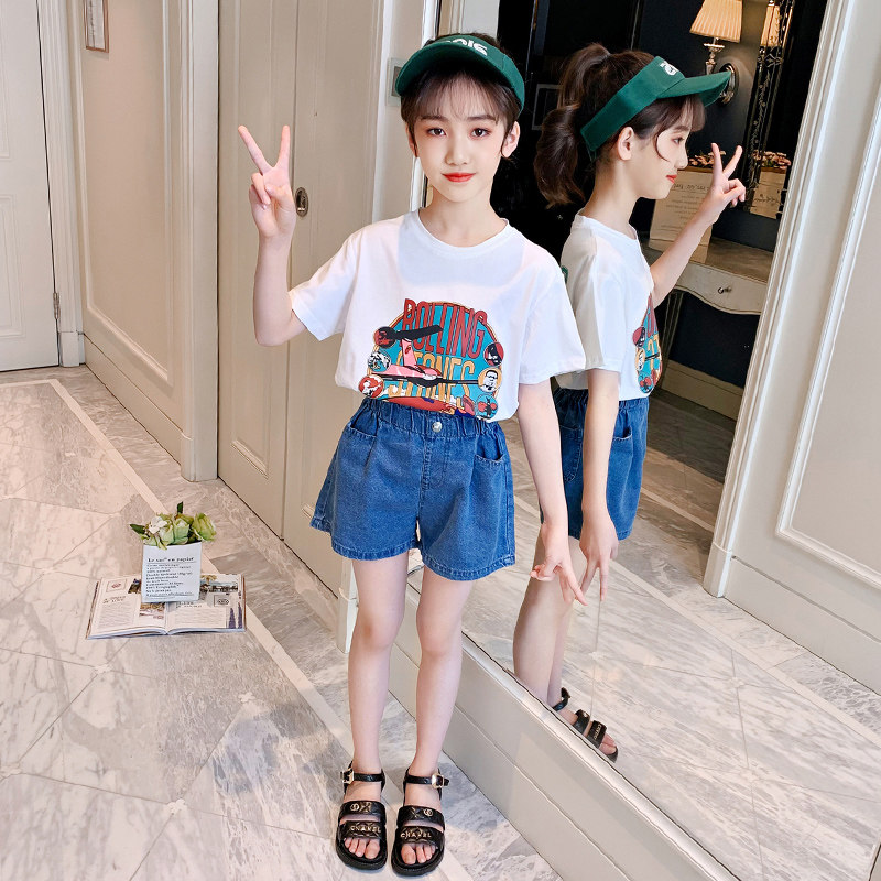 Girl Summer Clothing Online Red Suit Foreign Pie 2022 New Korean Version Children Summer Short Sleeve Denim Shorts Two Sets Tide