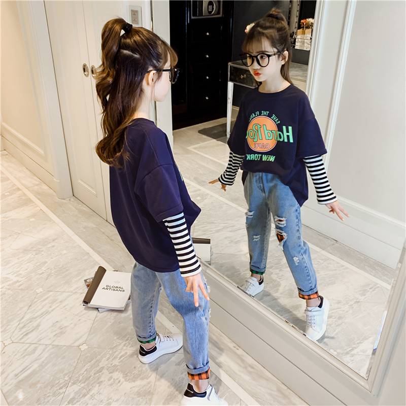 thương hiệu thủy triều t-shirt trẻ em dài sleevespring mùa xuân và mùa thu váy 2020 Hàn Quốc phiên bản của chiếc áo cô gái đáy mới khâu đầu t mỏng.