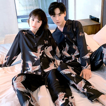 Korean version of couple pajamas long-sleeved silk spring and autumn ice silk pajamas mens home clothes crane womens suit summer