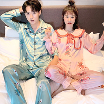  ins tide season couple pajamas female summer Korean version of cartoon ice silk long-sleeved spring and autumn silk pajamas mens home clothes