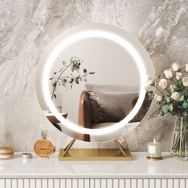 Net red led makeup mirror black ins wind gold stainless steel round light mirror Nordic dresser tricolor belt light mirror