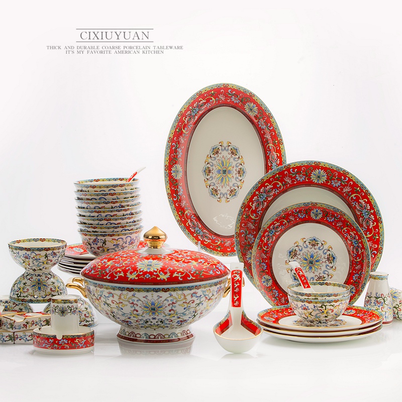 Tangshan colored enamel tableware suit dishes ceramic Chinese style household contracted porcelain dishes combine wedding gifts