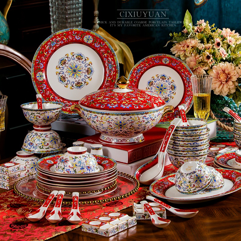 Tangshan colored enamel tableware suit dishes ceramic Chinese style household contracted porcelain dishes combine wedding gifts