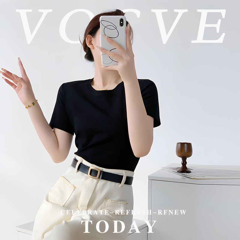 2026 Summer New Style High-End Feel ins Trendy Mercerized Cotton Black Short-Sleeve Round Neck Regular Shoulder T-Shirt Slimming Top for Women