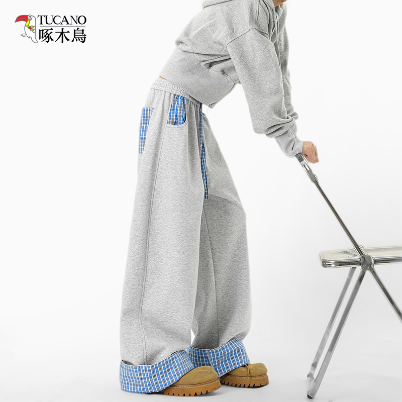 Woodpecker Trendy Brand American-Style Color-Block Plaid Patchwork Casual Long Pants for Women, Spring and Autumn Loose Sweatpants, Slimming Wide-Leg Pants