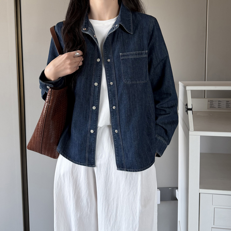 Lyocell Tencel Dark Blue Regular Shoulder Denim Shirt for Women, Autumn and Winter, Fleece-Lined, Thickened, Petite, Vintage, Loose Top Lyocell Tencel Dark Blue Regular Shoulder Denim Shirt for Women, Autumn and Winter, Fleece-Lined, Thickened, Petite, Vintage, Loose Top